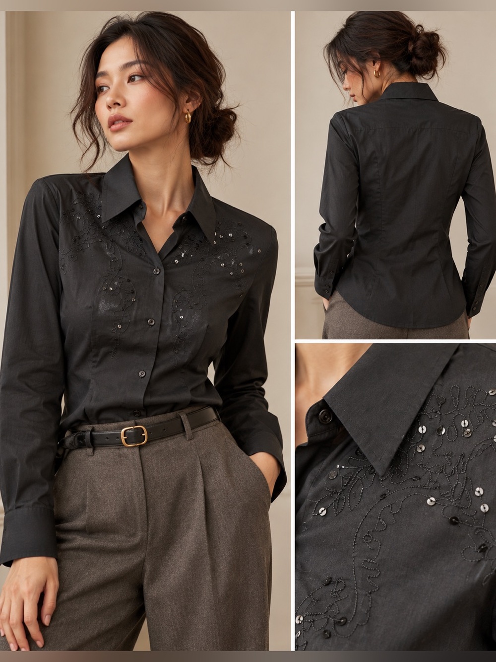 ESPRIT Collection Black Embroidered Sequin Button Down Shirt US 4